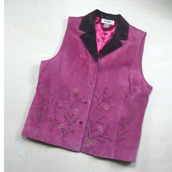 Bob Mackie Studio Jackets & Blazers - Bob Mackie Studio Magenta Pink Suede Leather Embroidered Beaded Vest Size 10